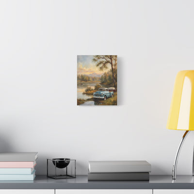 Rustic landscape canvas print featuring a vintage car by a serene lake with mountains in the background