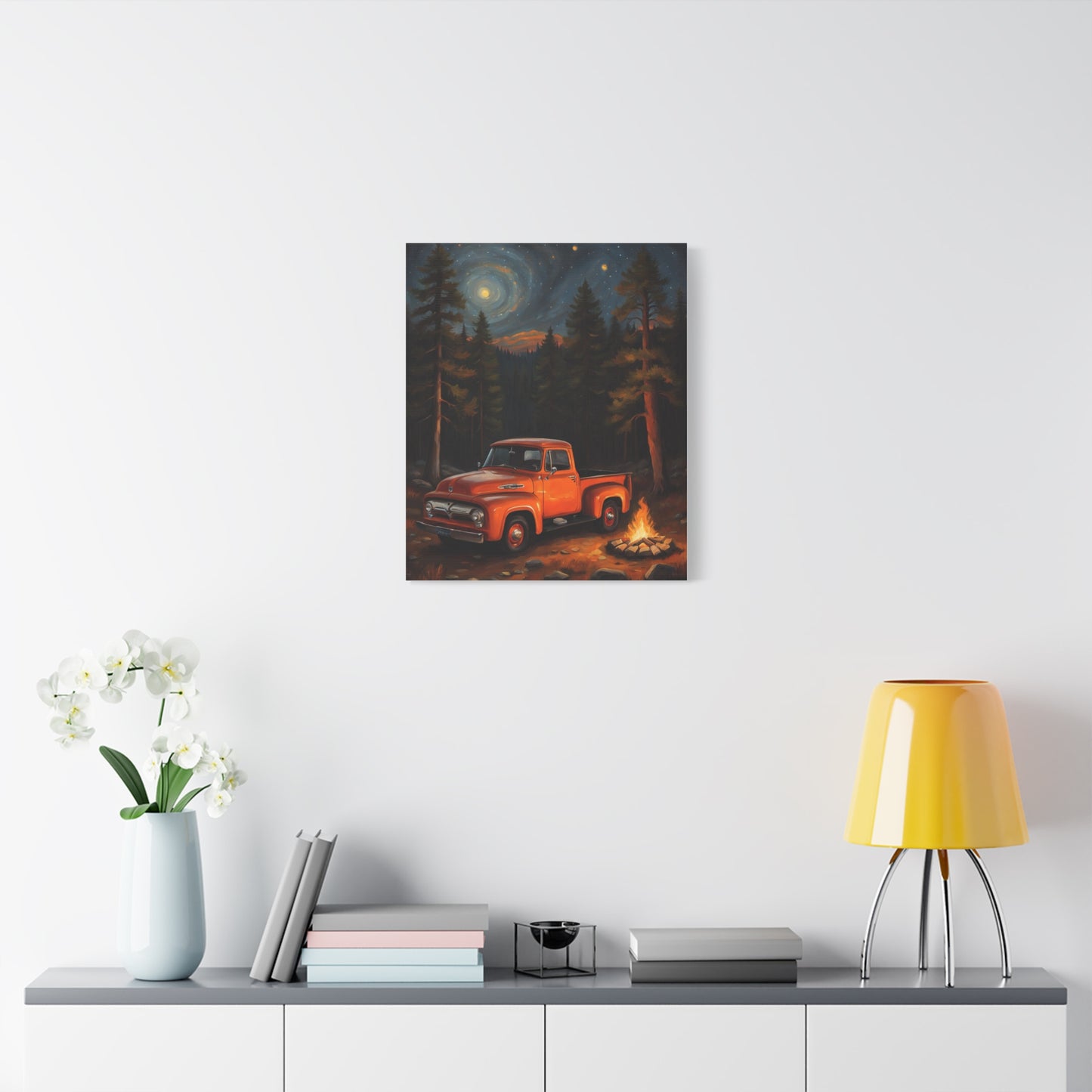 Rustic Truck Canvas Art featuring an orange vintage truck near a campfire in a forest setting