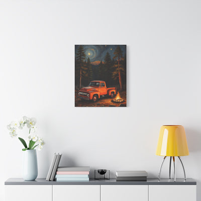Rustic Truck Canvas Art featuring an orange vintage truck near a campfire in a forest setting