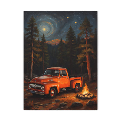 Rustic Truck Canvas Art featuring an orange old truck by a campfire in a forest setting