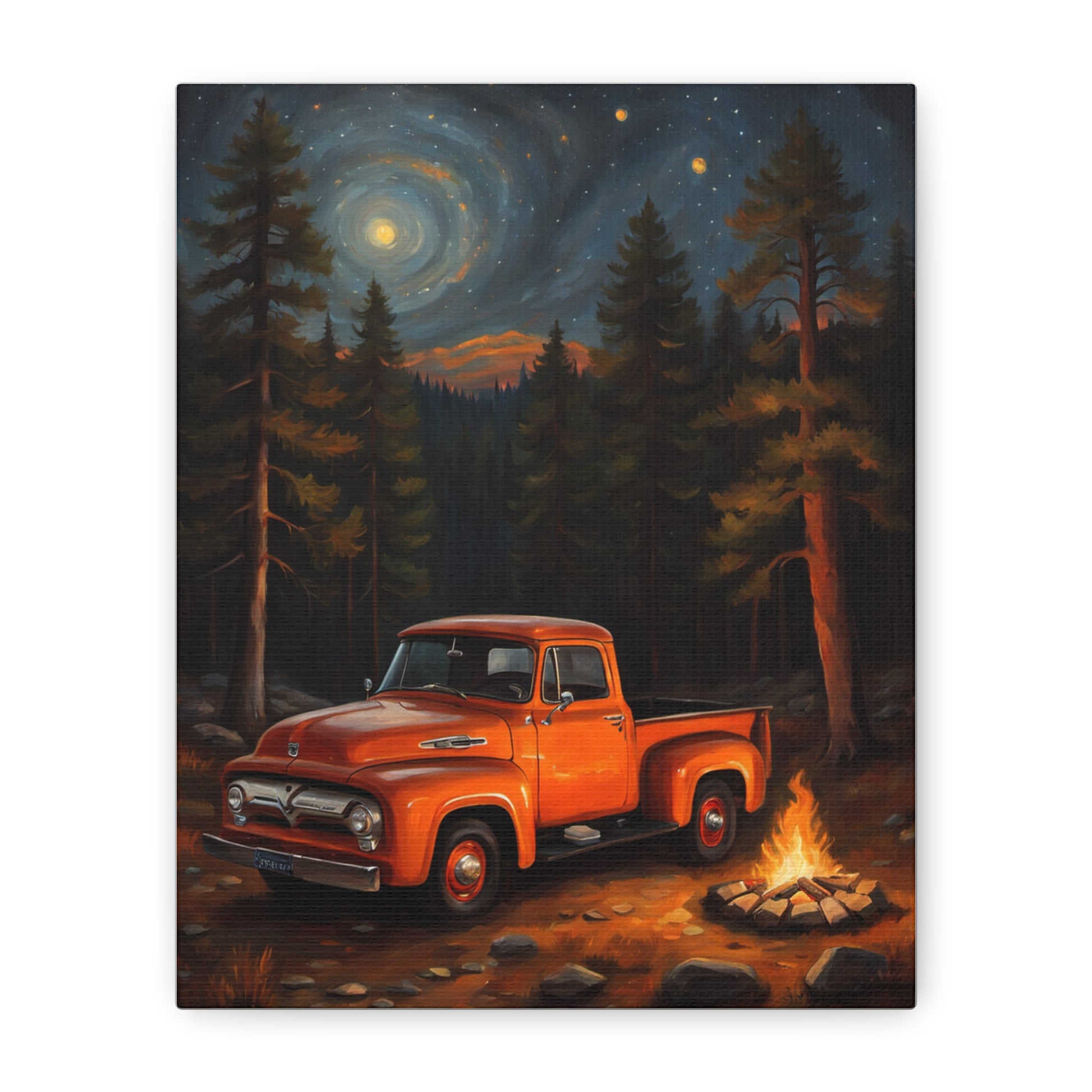Rustic Truck Canvas Art featuring an orange vintage truck by a campfire in a forest setting