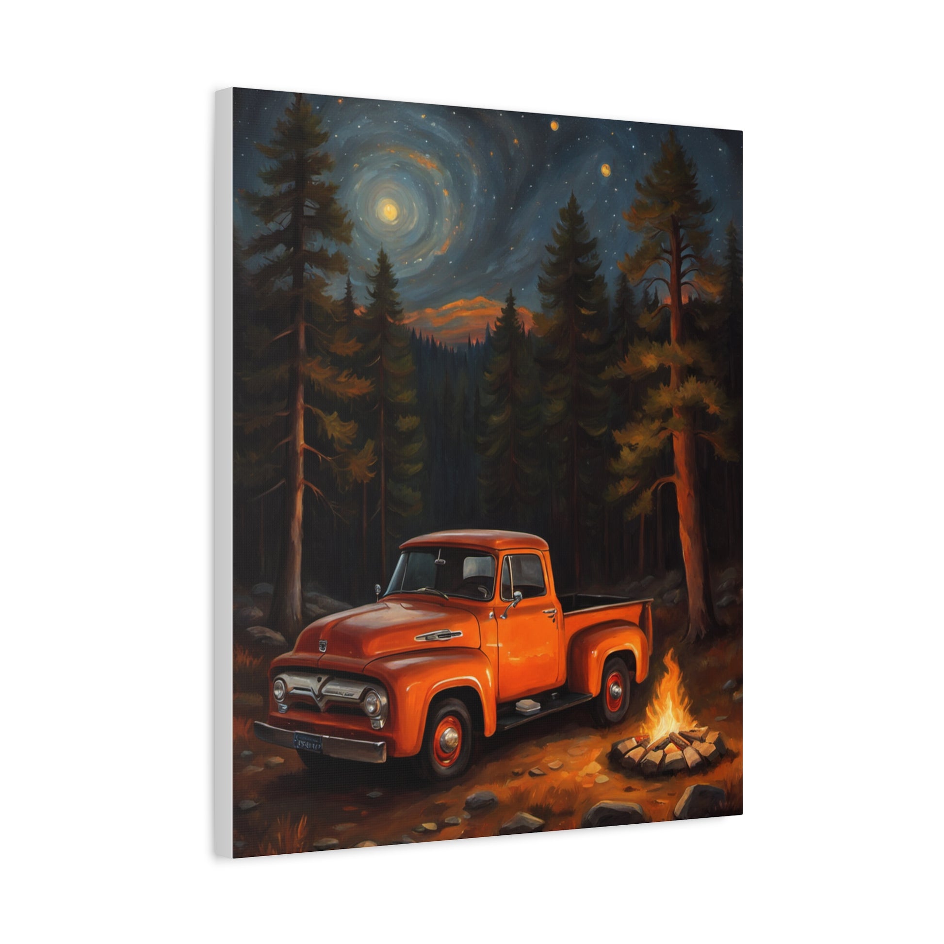 Rustic Truck Canvas Art featuring an orange vintage truck near a campfire in a forest at night