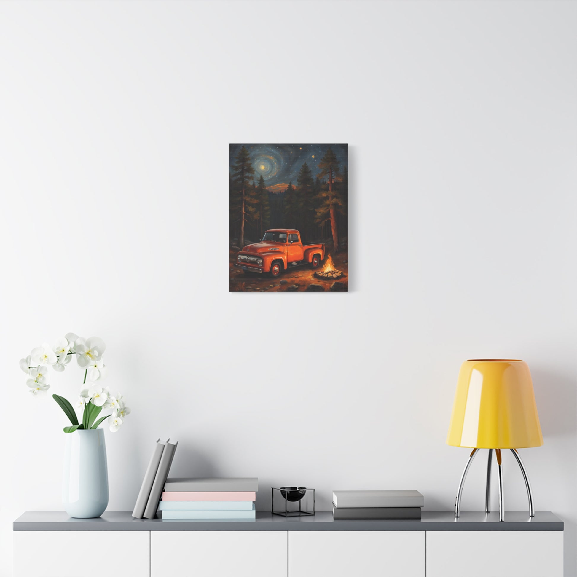 Rustic Truck Canvas Art featuring an orange vintage truck in a forest with stars and mountains