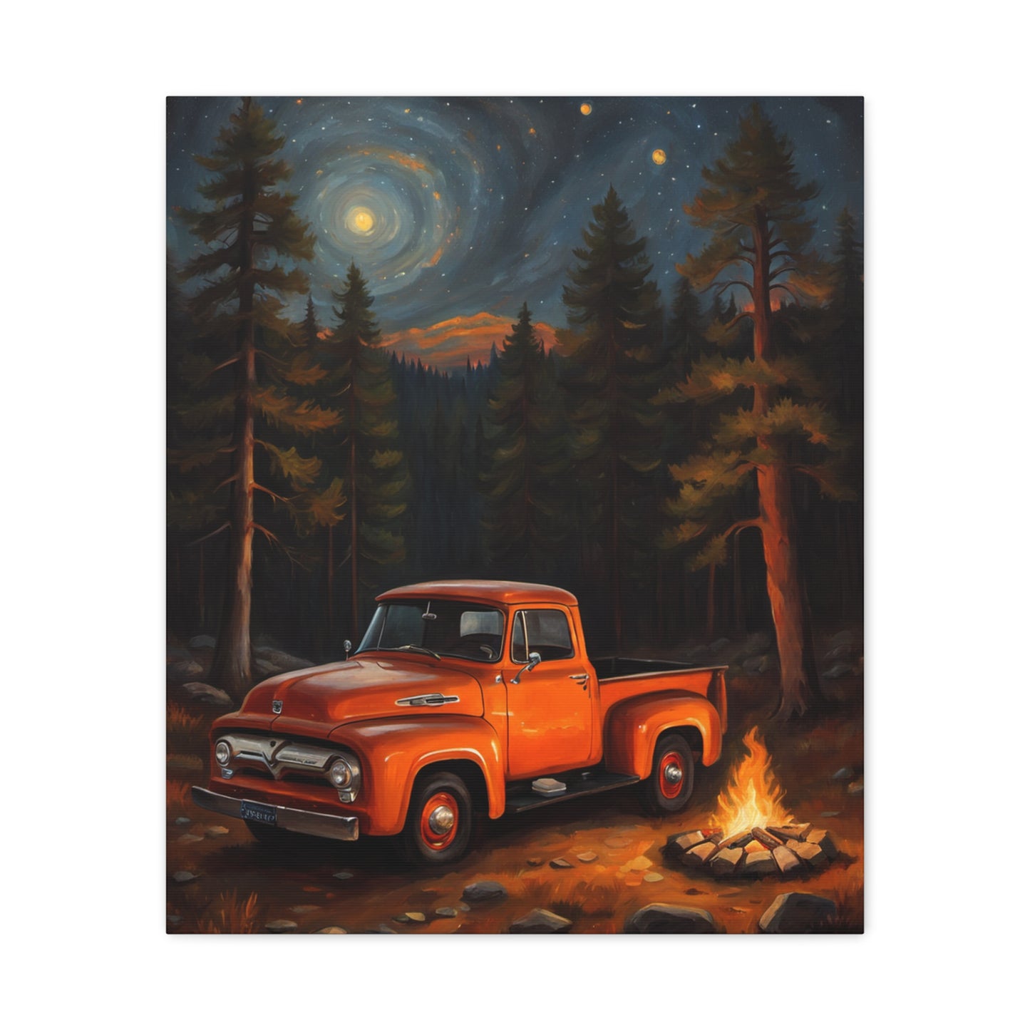 Rustic Truck Canvas Art featuring an orange vintage truck in a forested night scene with a campfire