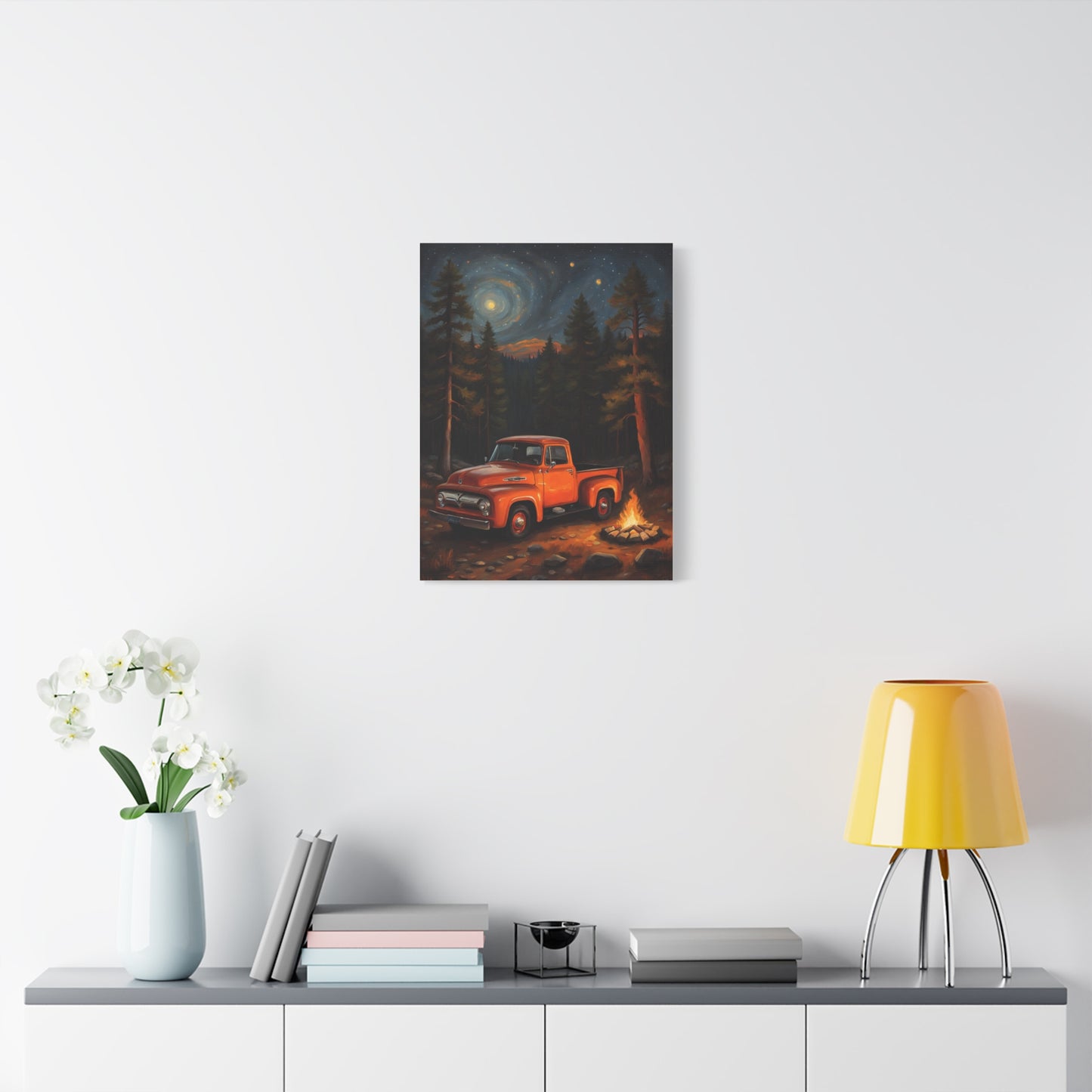Rustic Truck Canvas Art featuring a vintage truck at night surrounded by trees and a campfire