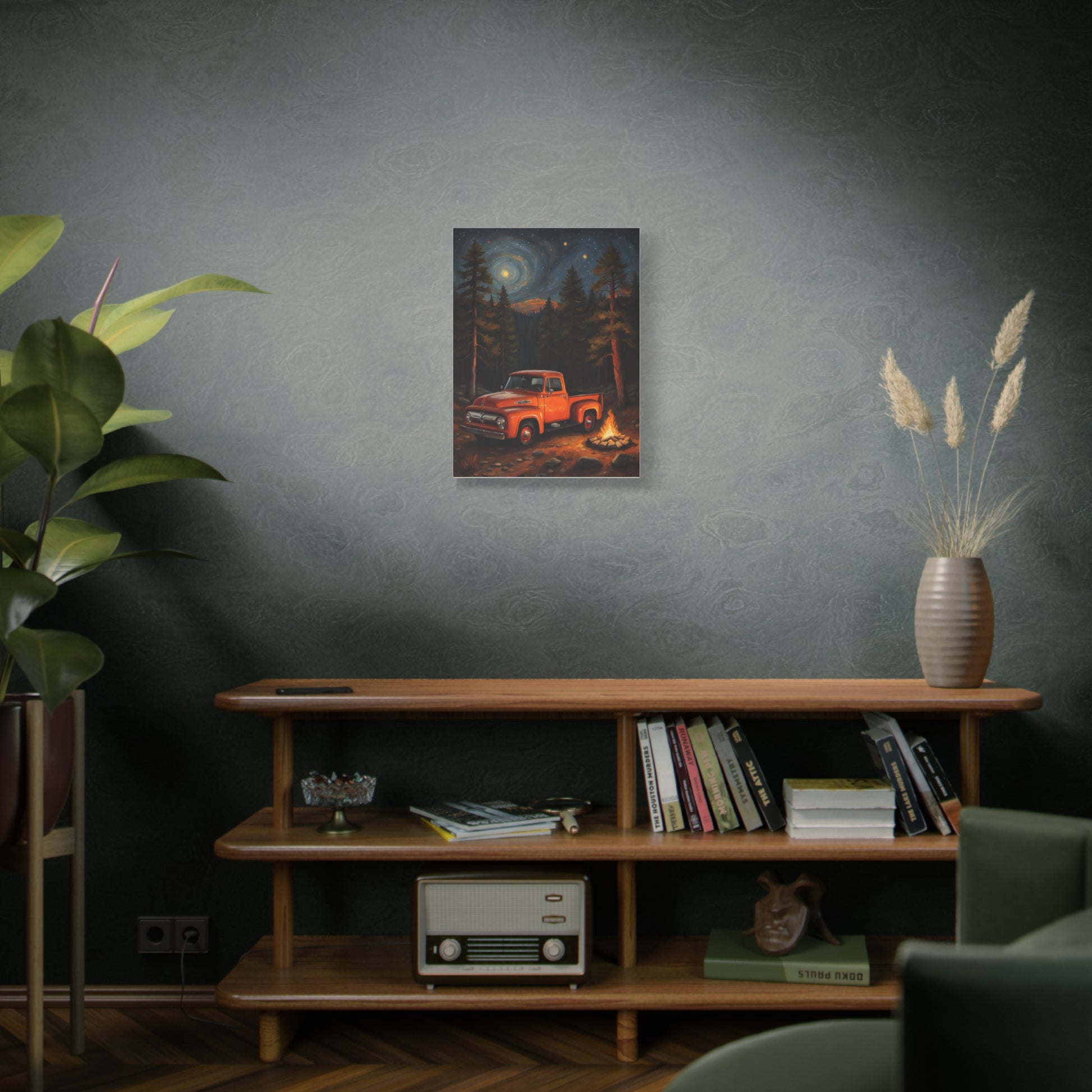 Rustic Truck Canvas Art featuring a vintage truck in a forest setting with moonlight