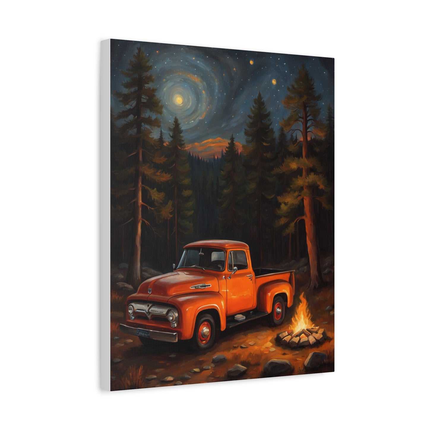 Rustic Truck Canvas Art featuring an orange vintage truck by a campfire in a forest at night