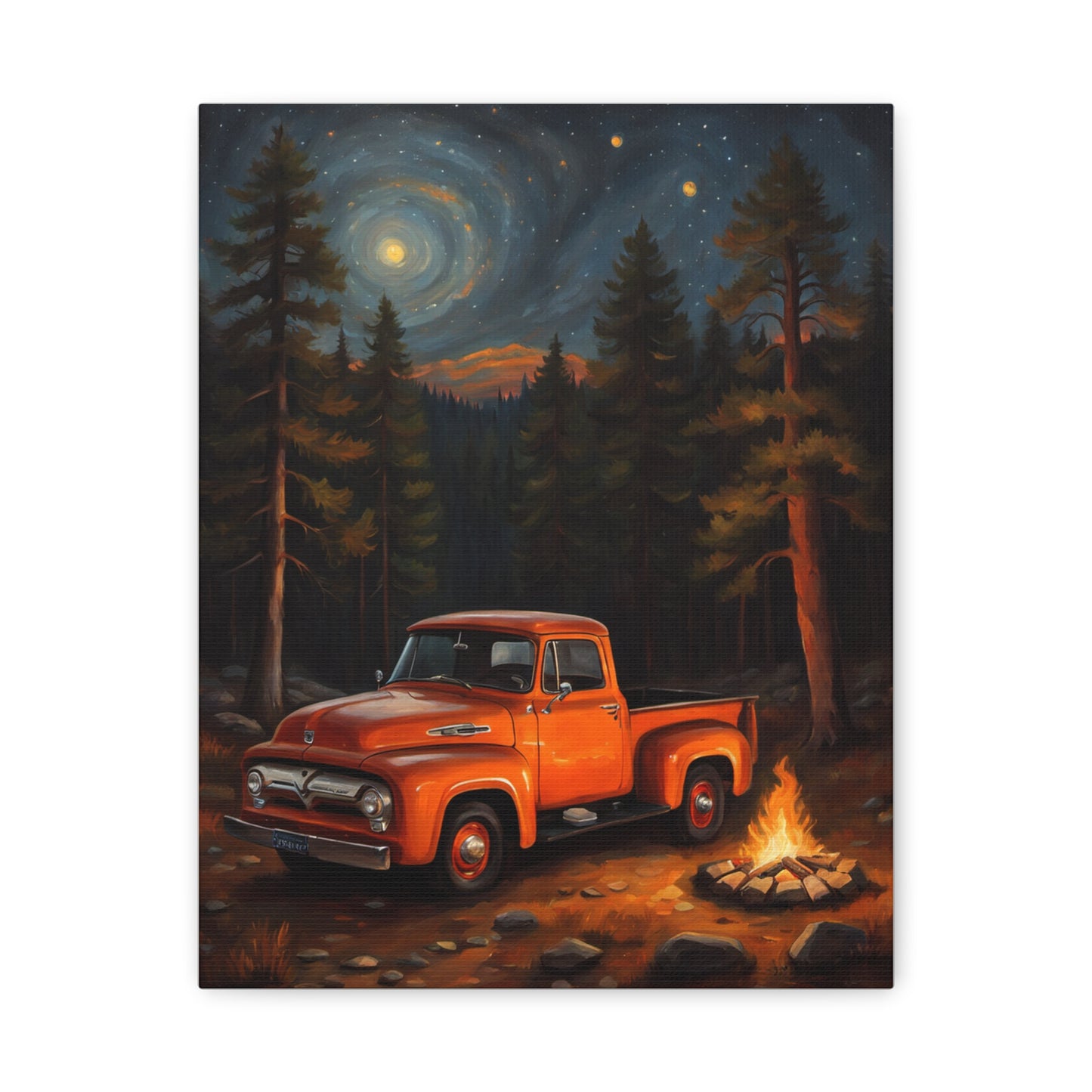 Rustic Truck Canvas Art featuring a vintage orange truck near a campfire in a forest setting