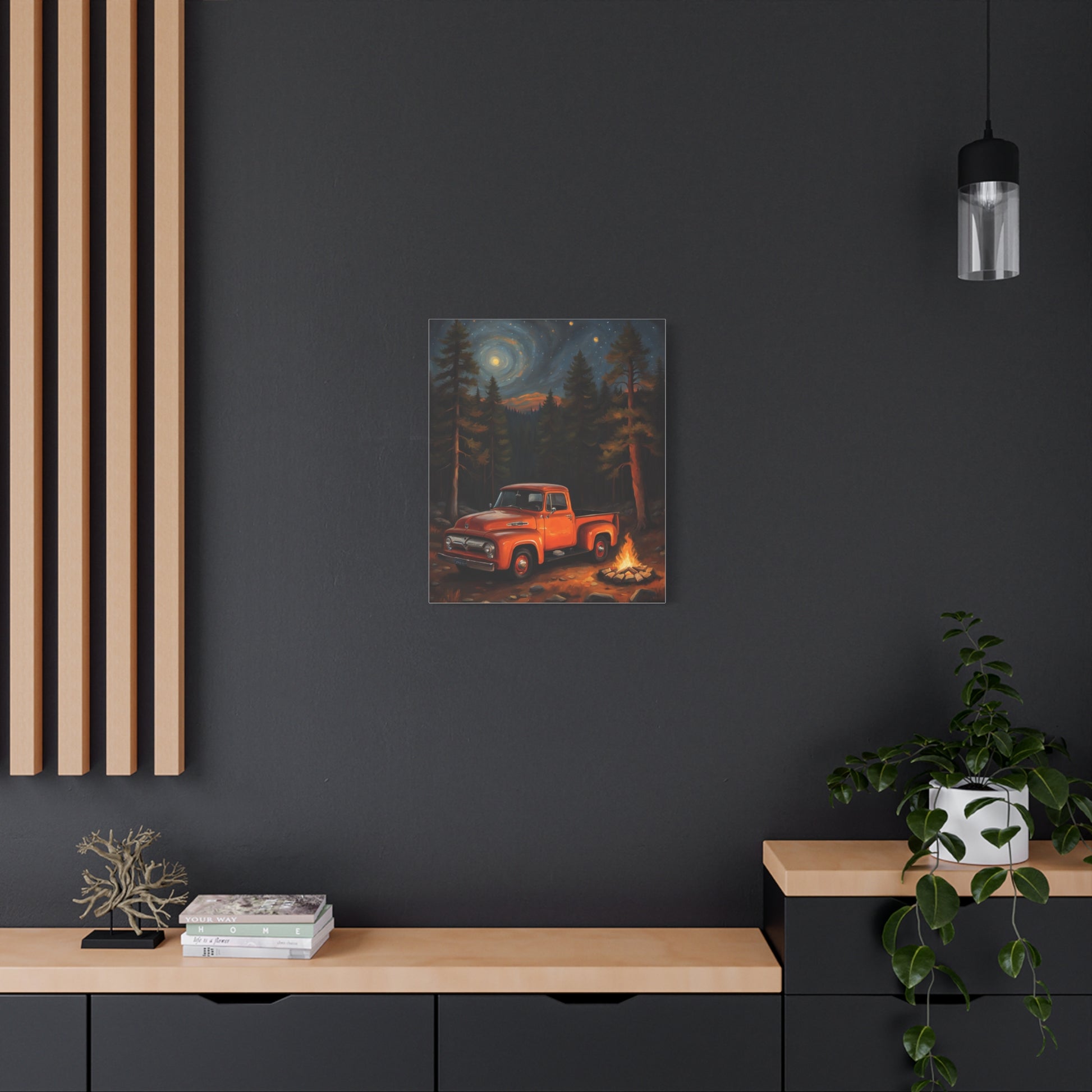 Rustic Truck Canvas Art featuring an orange vintage truck in a forest setting with stars