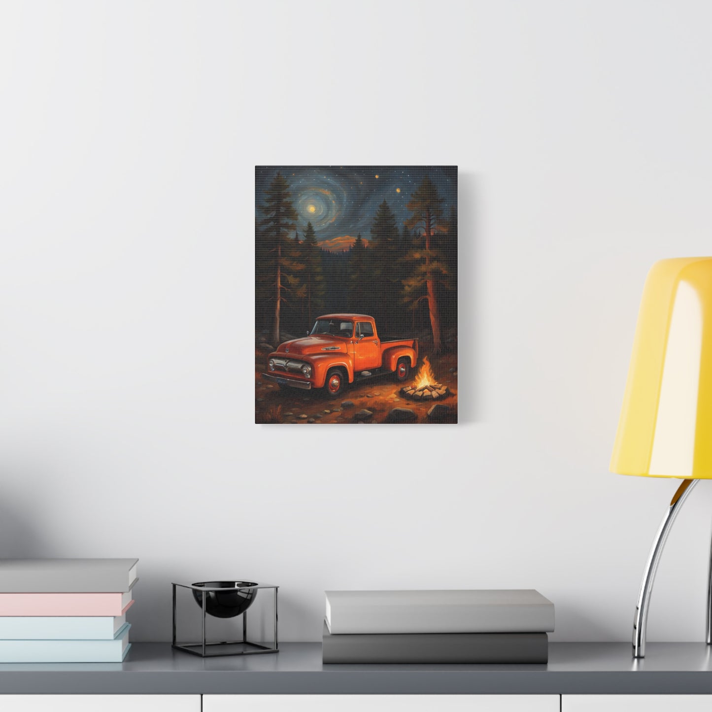 Rustic Truck Canvas Art featuring an orange vintage truck in a starry forest setting
