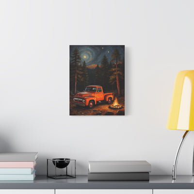 Rustic Truck Canvas Art featuring an orange vintage truck in a starry forest setting