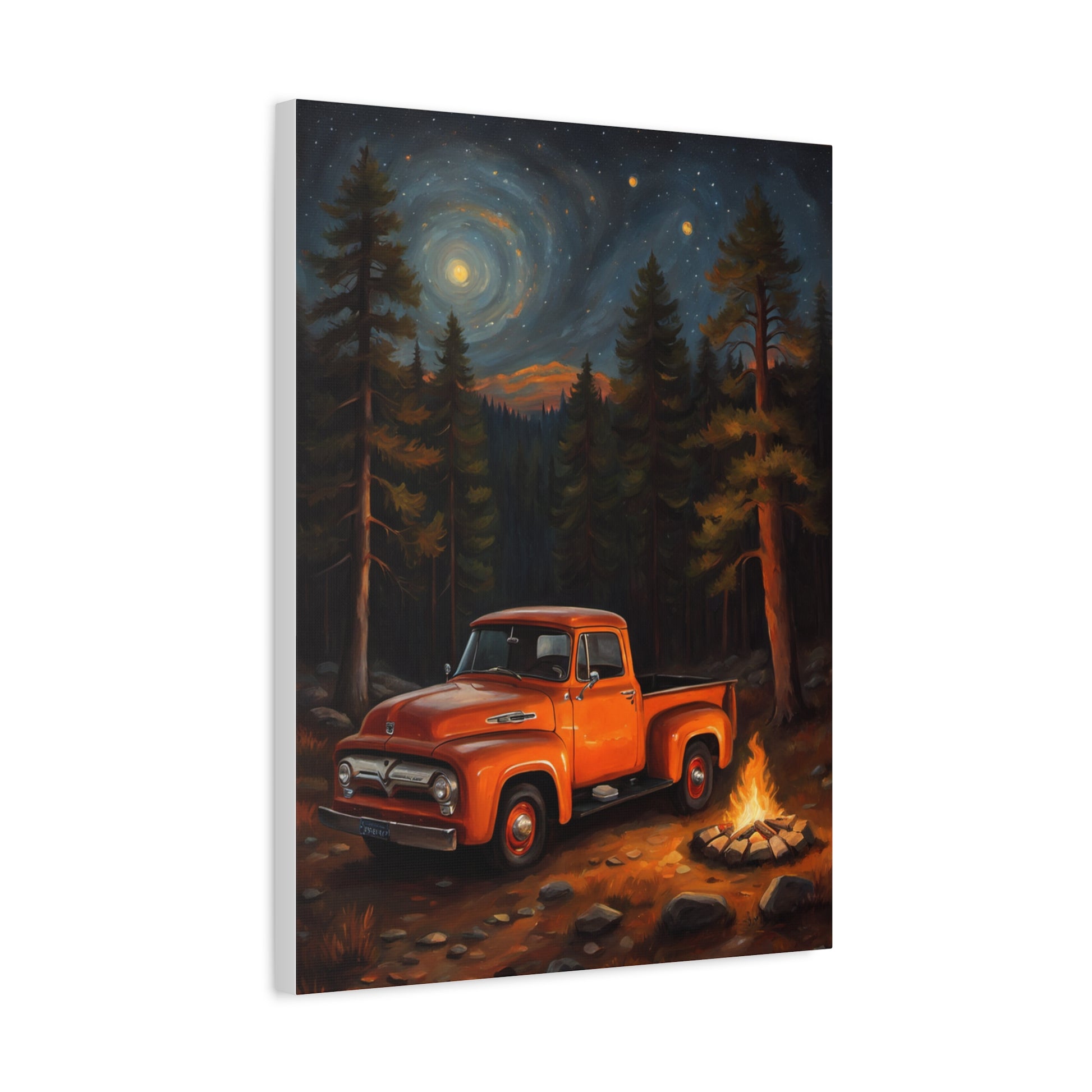 Rustic Truck Canvas Art featuring an orange vintage truck by a campfire under a starry night sky