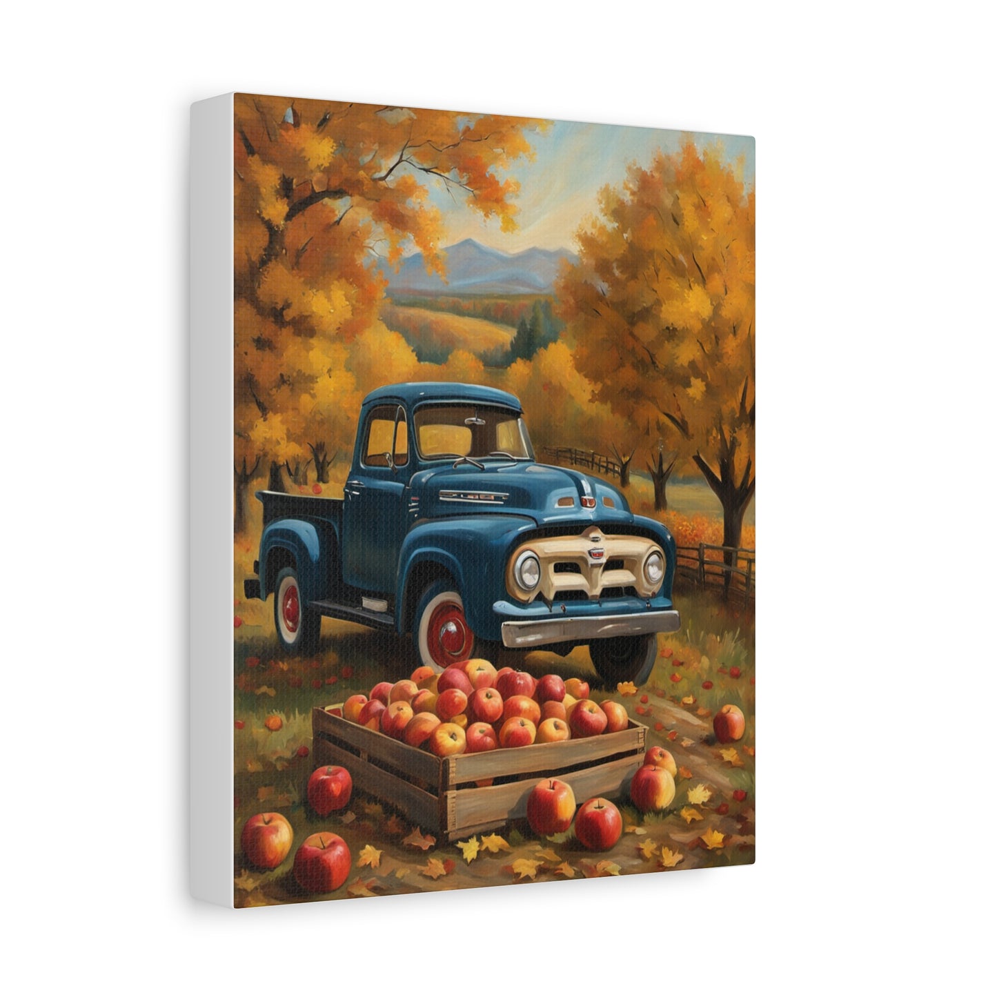 Rustic Truck Canvas Wall Art featuring a blue vintage truck surrounded by autumn trees and apple harvest