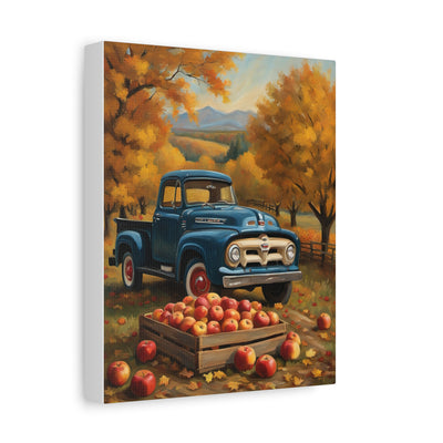 Rustic Truck Canvas Wall Art featuring a blue vintage truck surrounded by autumn trees and apple harvest