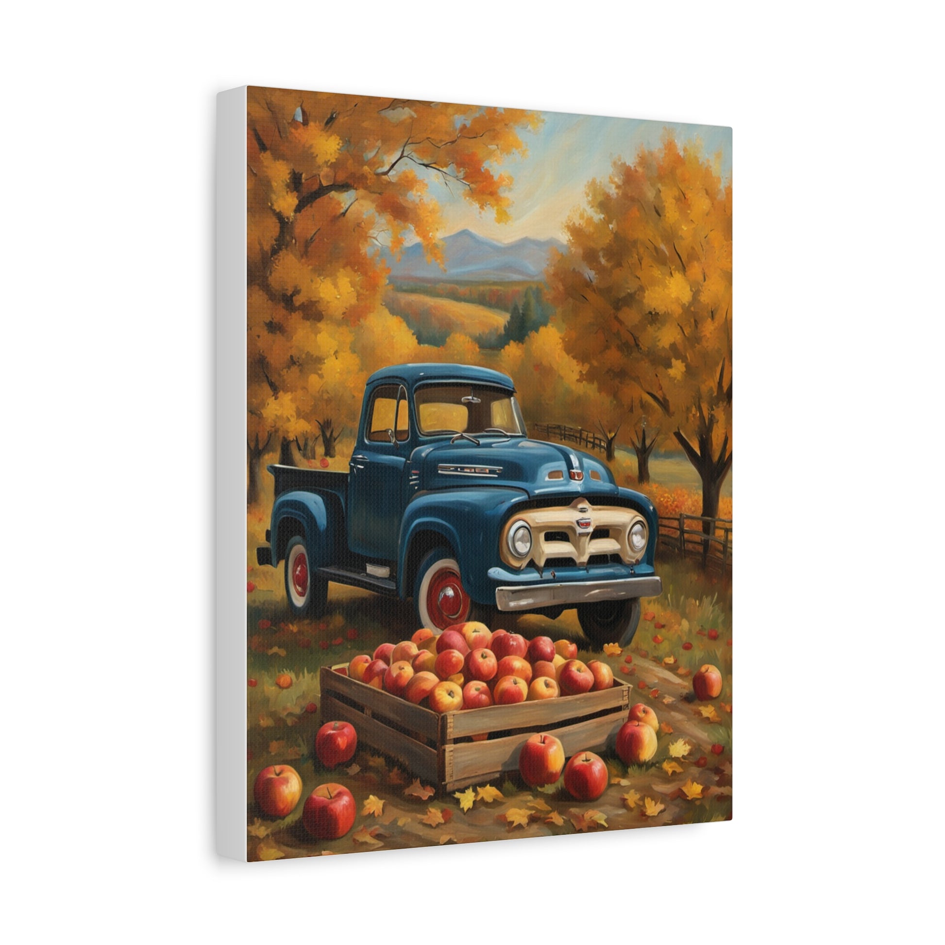Rustic Truck Canvas Wall Art featuring a blue vintage truck surrounded by apples and autumn foliage