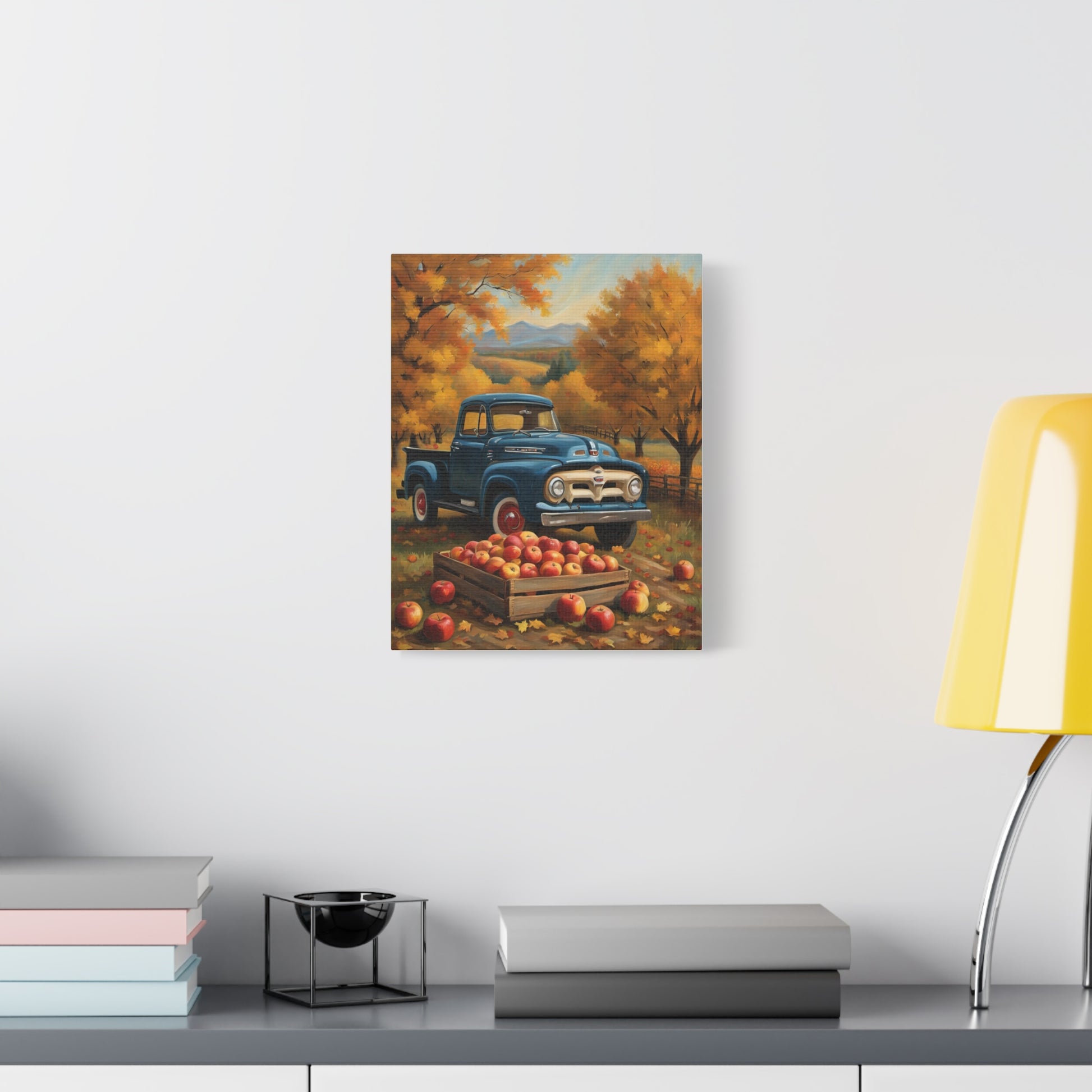 Rustic Truck Canvas Wall Art featuring a vintage truck amidst apple trees and autumn scenery