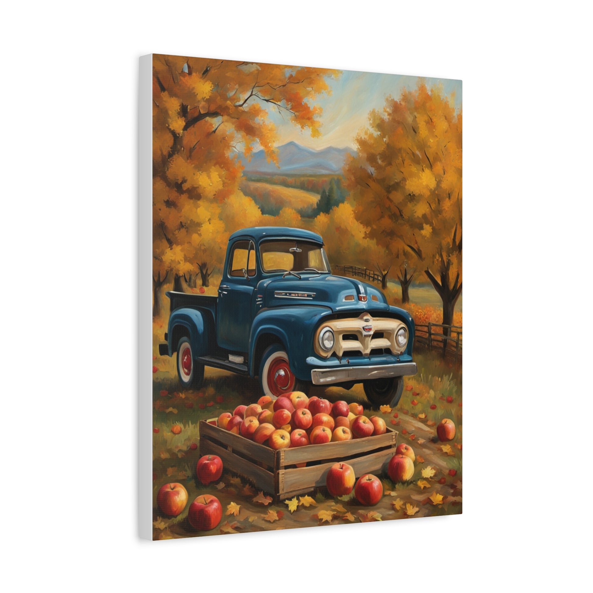 Rustic Truck Canvas Wall Art featuring a blue vintage truck surrounded by apples in an autumn landscape