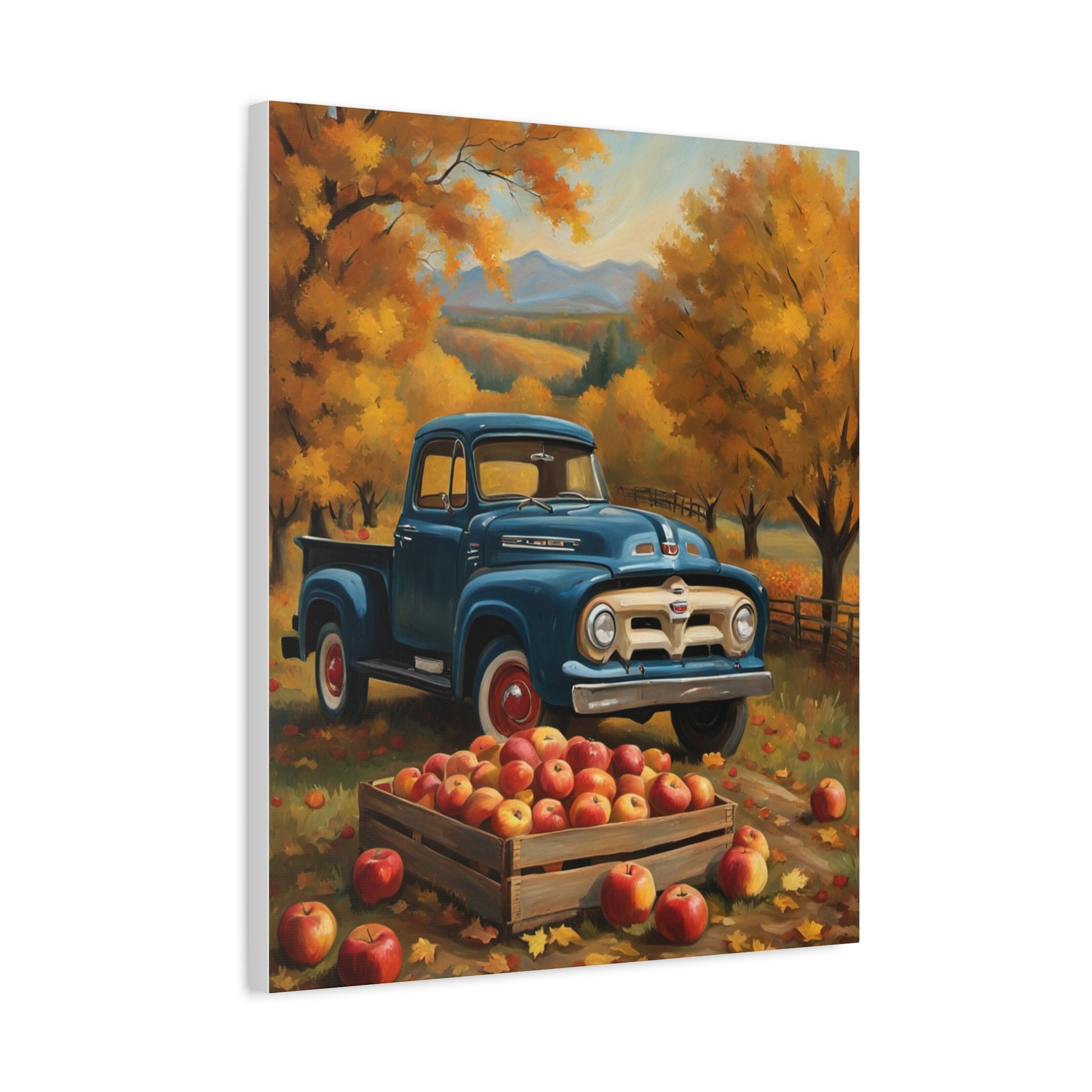 Rustic Truck Canvas Wall Art featuring a blue vintage truck in an autumn apple orchard