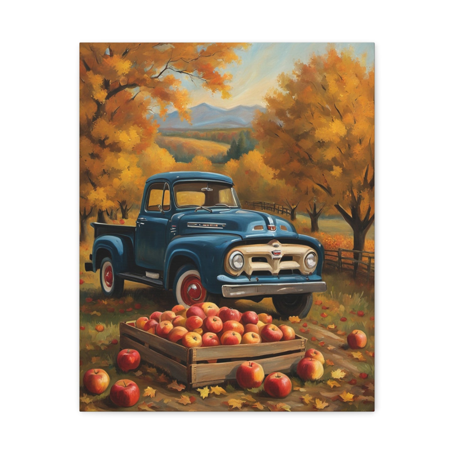 Rustic Truck Canvas Wall Art depicting a vintage blue truck surrounded by autumn trees and apples