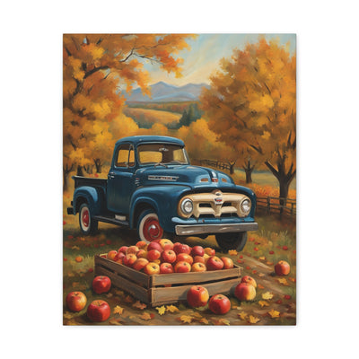 Rustic Truck Canvas Wall Art depicting a vintage blue truck surrounded by autumn trees and apples