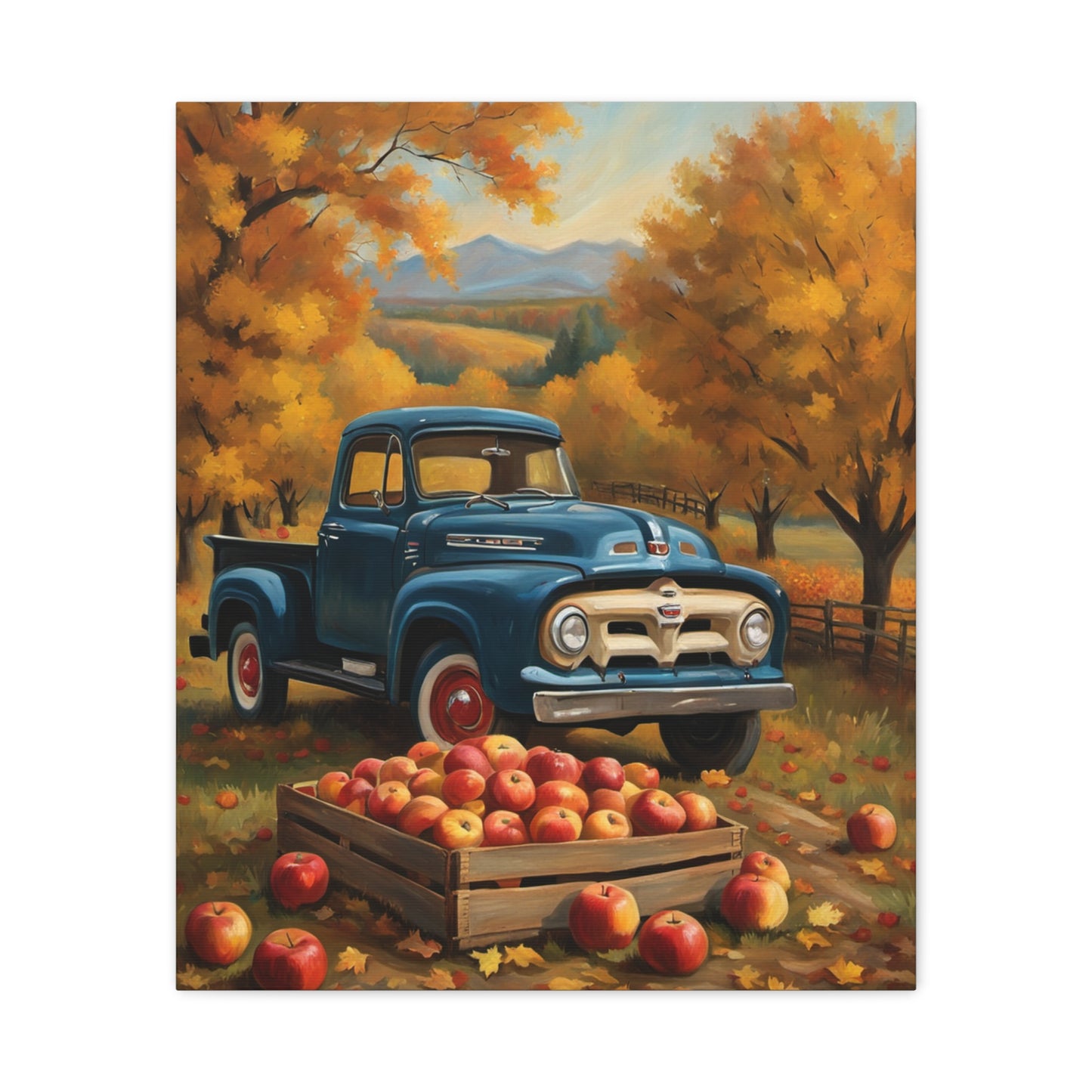 Rustic Truck Canvas Wall Art featuring a vintage truck and autumn apple orchard scenery