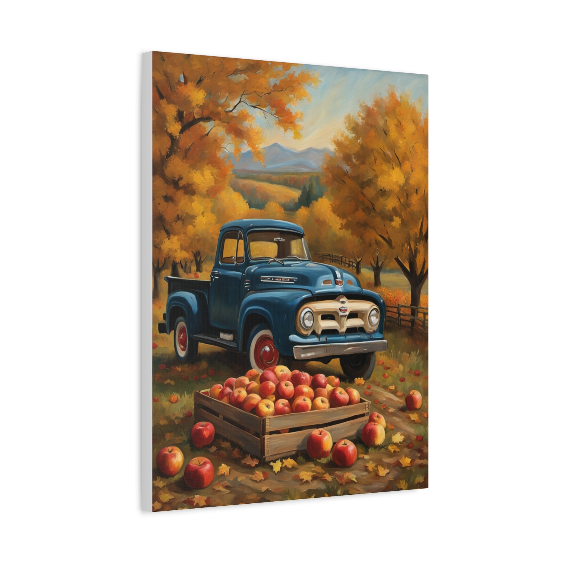 Rustic Truck Canvas Wall Art featuring a vintage blue truck in an autumn apple orchard setting