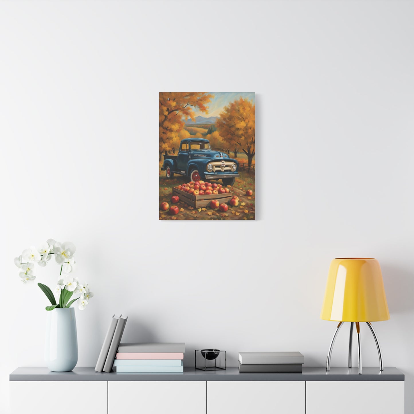 Rustic Truck Canvas Wall Art featuring a vintage truck in an autumn scene with apples