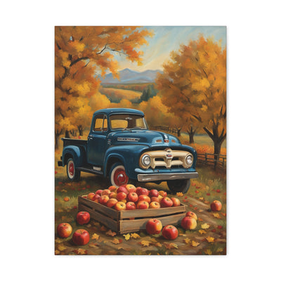 Rustic Truck Canvas Wall Art featuring a vintage truck surrounded by autumn trees and apple crates