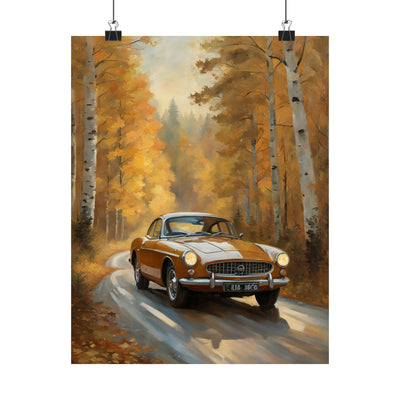 Rustic vintage car poster featuring a classic orange car driving through a scenic autumn forest