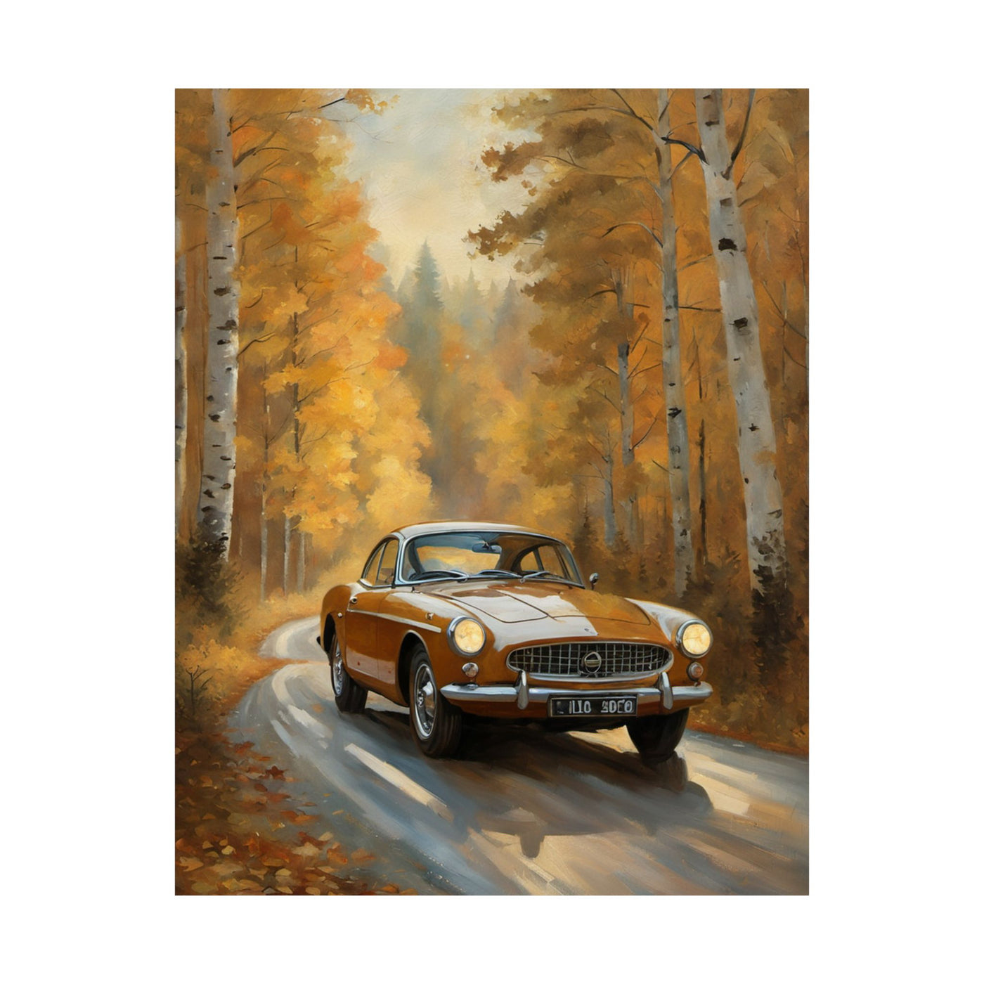 Rustic vintage car poster featuring an orange classic car driving down a tree-lined road in autumn