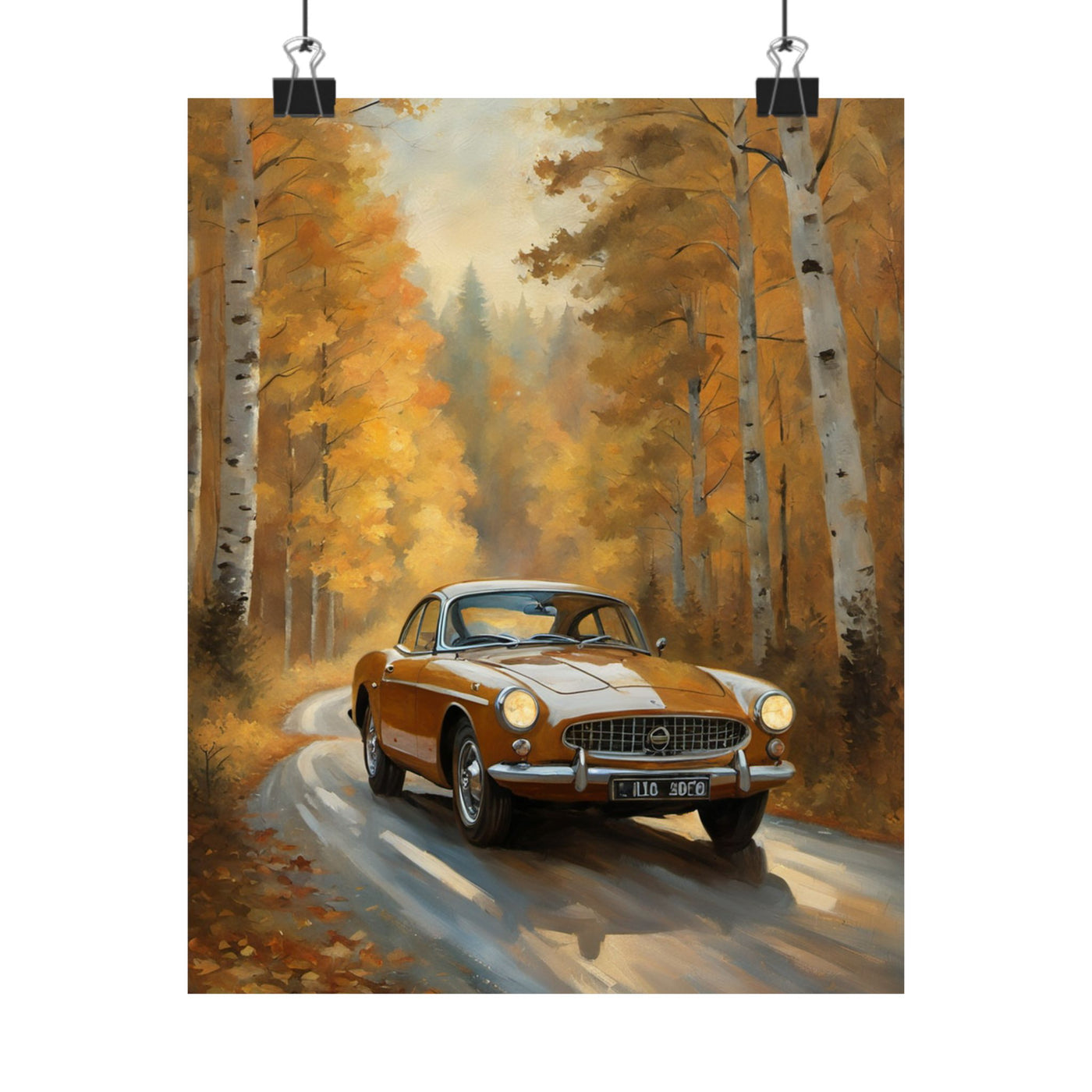 Rustic vintage car poster featuring a old car driving through an autumn forest scene