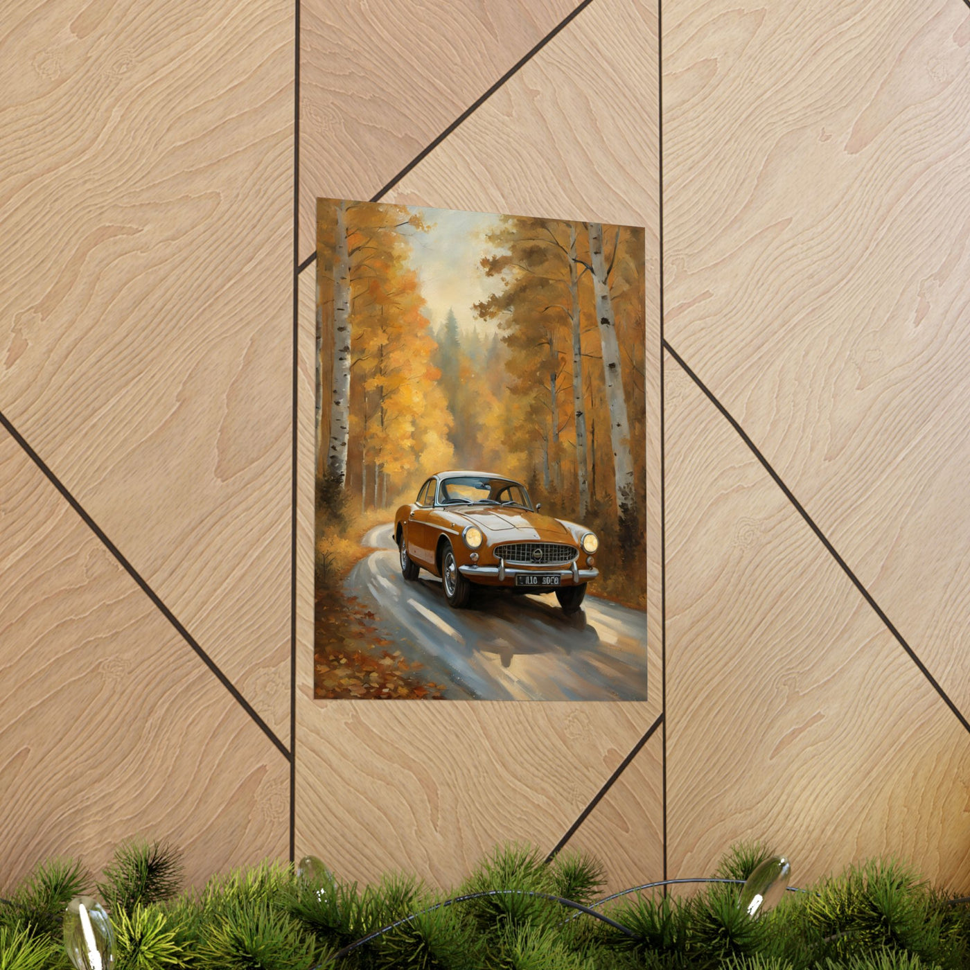Rustic vintage car poster featuring an orange car on a scenic autumn road