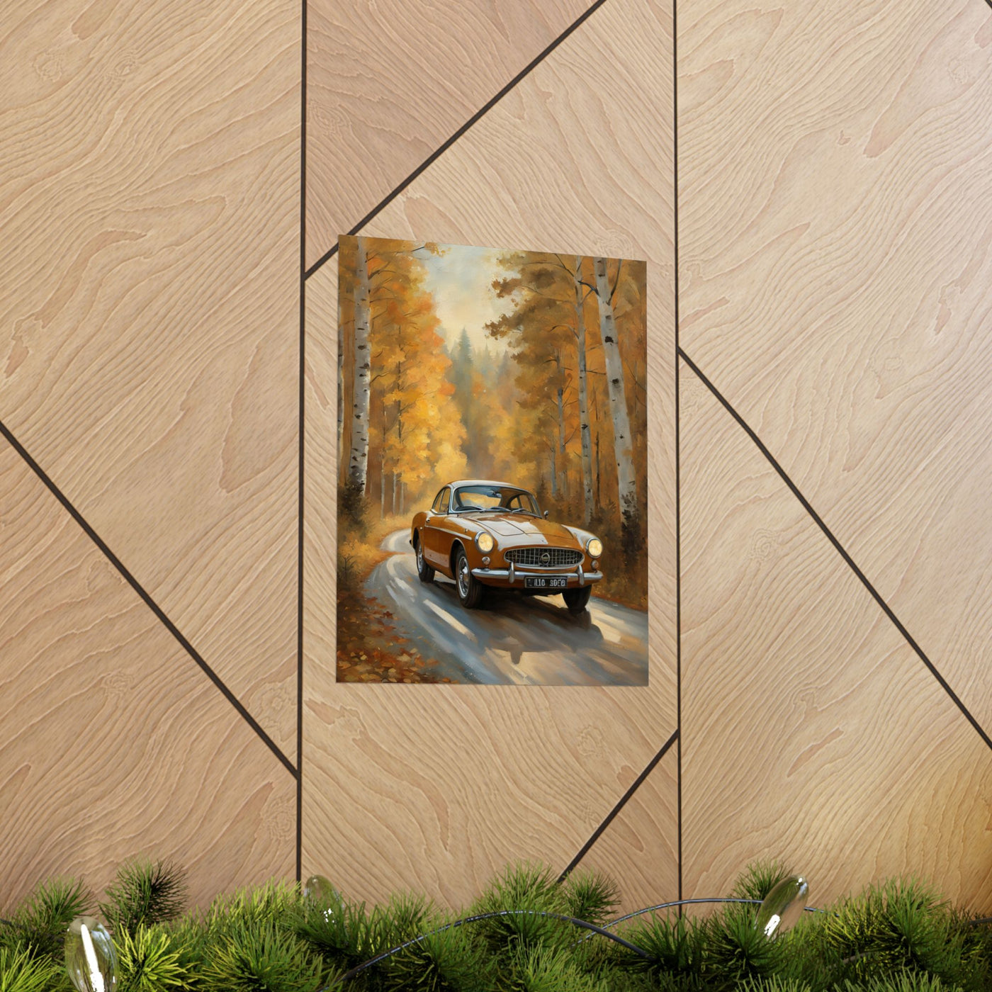 Rustic vintage car poster featuring a classic car driving through autumn woods