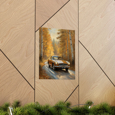 Rustic vintage car poster featuring a classic car driving through autumn woods