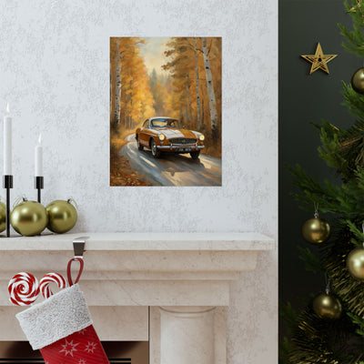 Rustic vintage car poster featuring a classic car driving through an autumn landscape with colorful trees