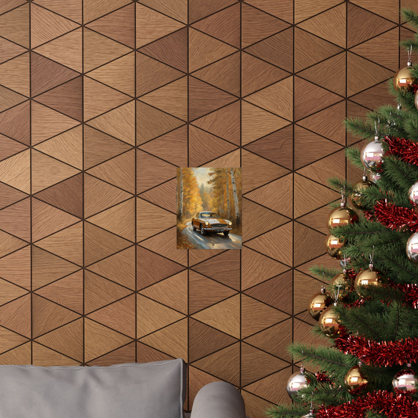 Rustic vintage car poster displayed on a textured wooden wall with holiday decorations