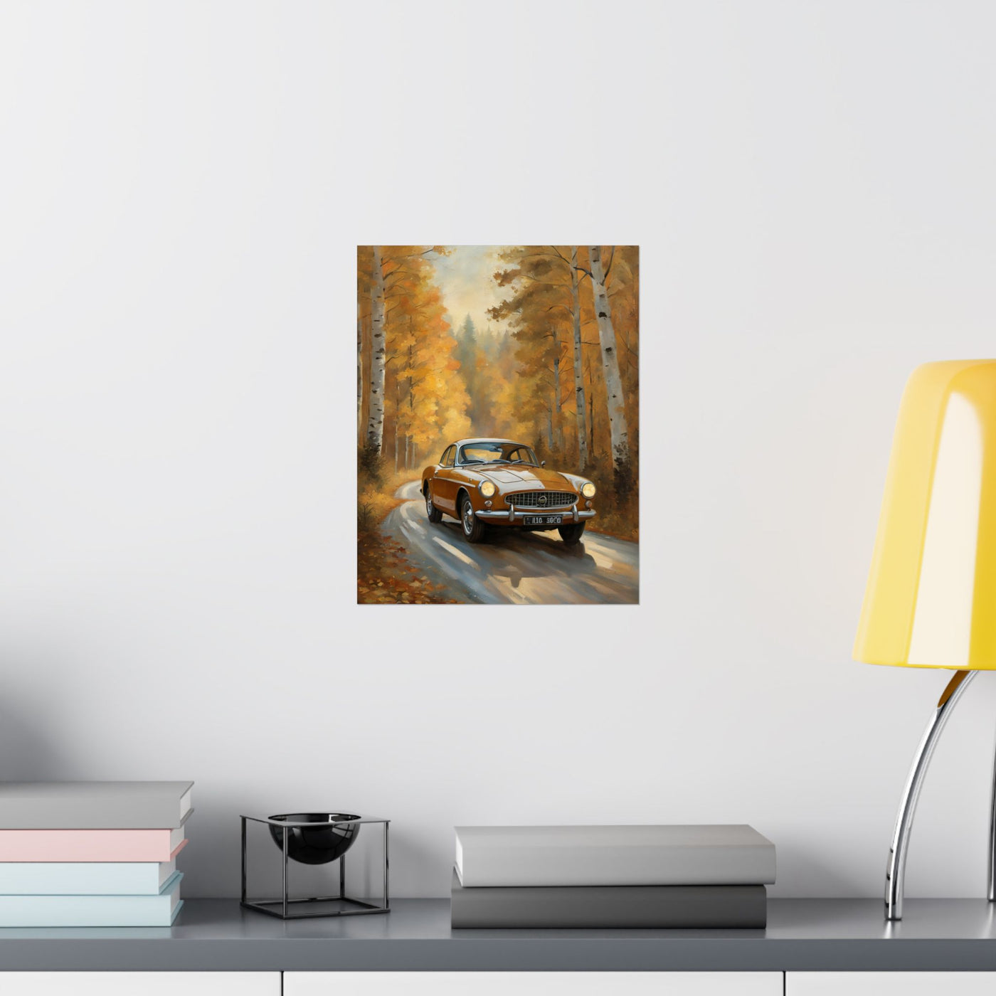 Rustic vintage car poster featuring a classic car driving down a tree-lined path in autumn colors