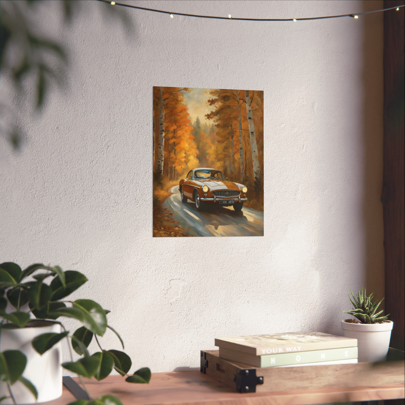 Rustic vintage car poster featuring a classic car driving through an autumn forest scene