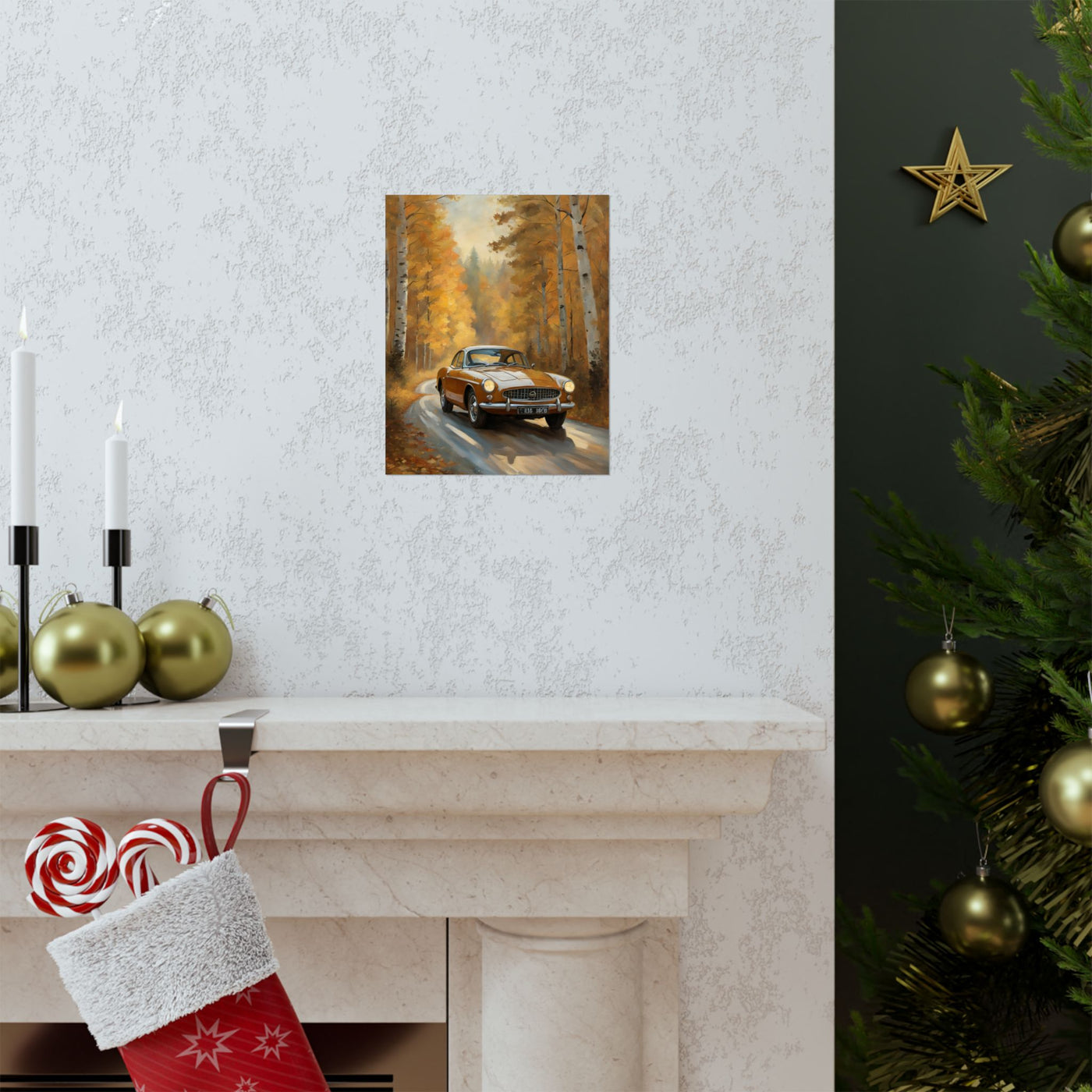 Rustic vintage car poster displayed above a cozy fireplace in an autumn setting