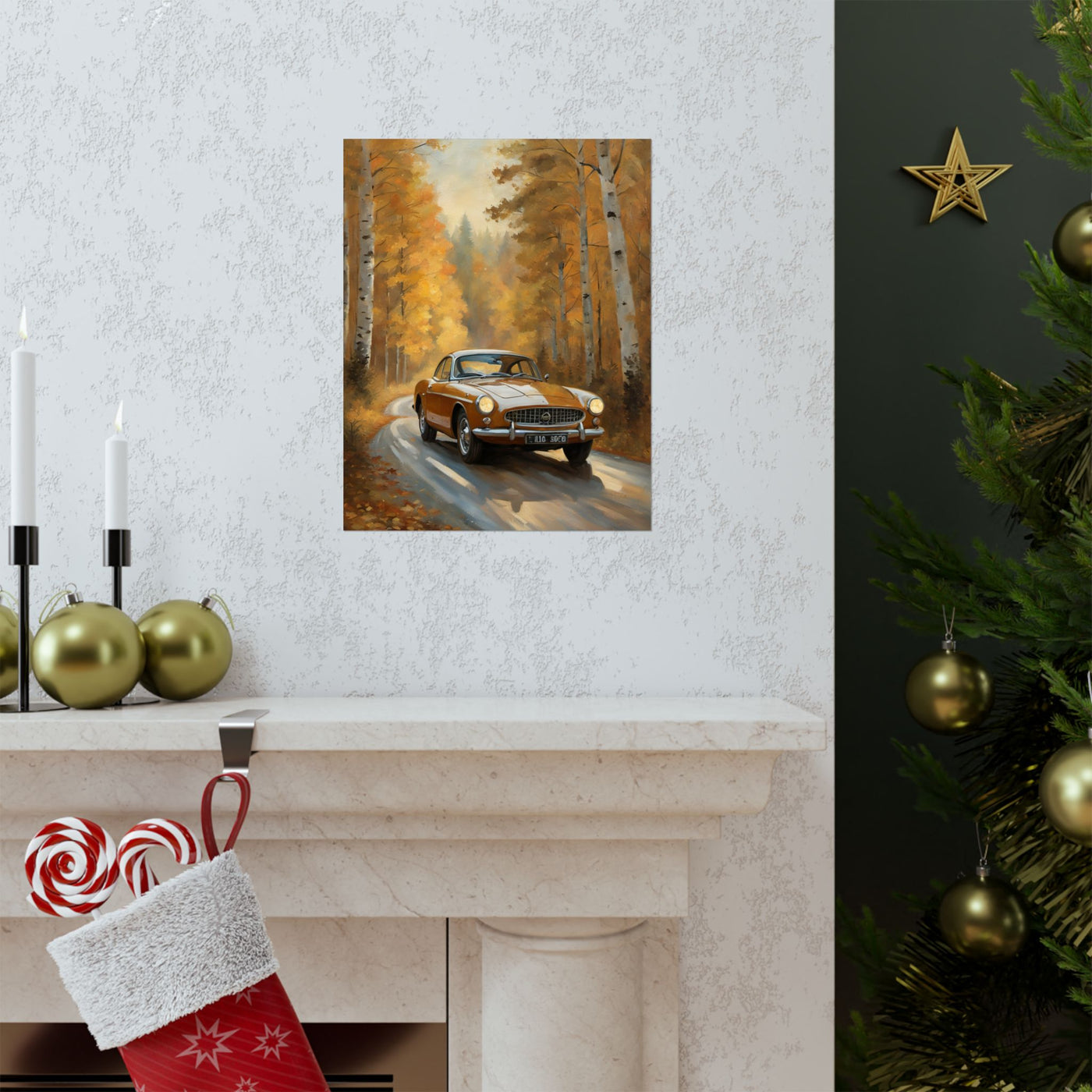 Rustic vintage car poster featuring a classic car driving through a picturesque autumn landscape