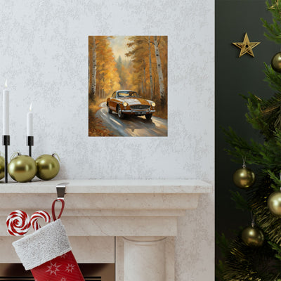 Rustic vintage car poster featuring a classic car driving through a picturesque autumn landscape