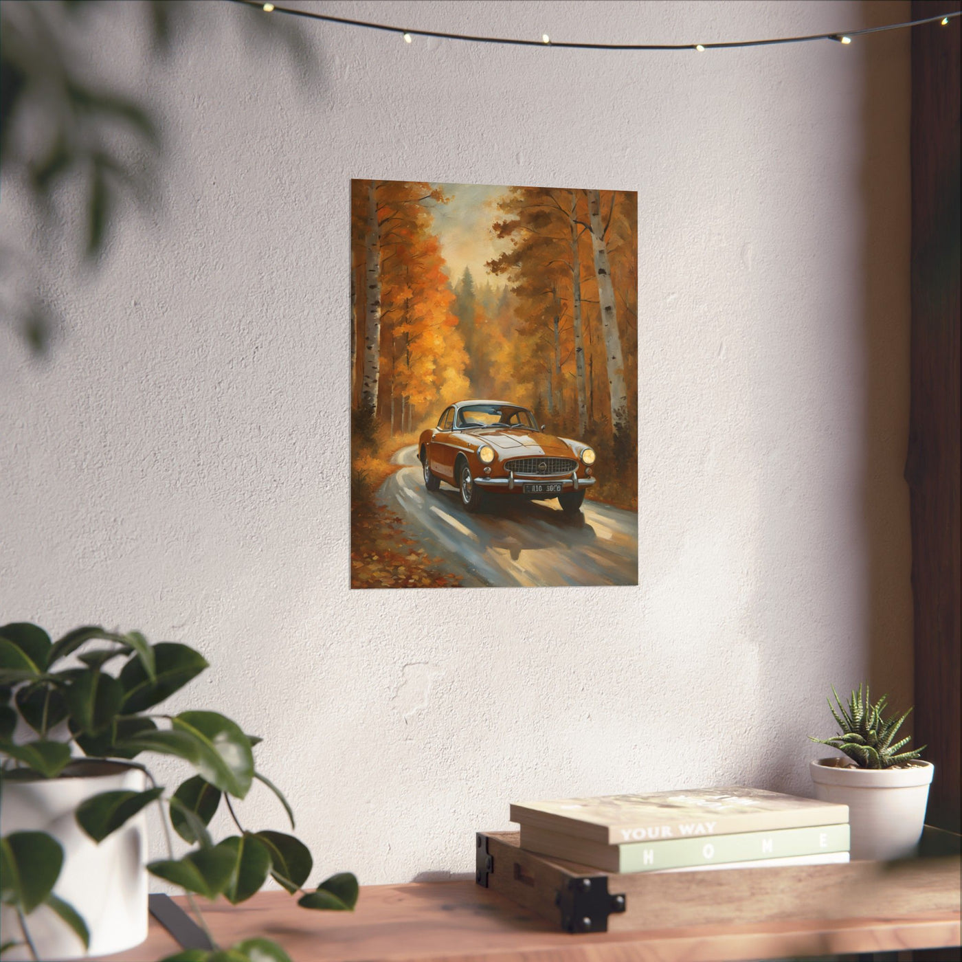 Rustic vintage car poster featuring a classic car driving through autumn trees