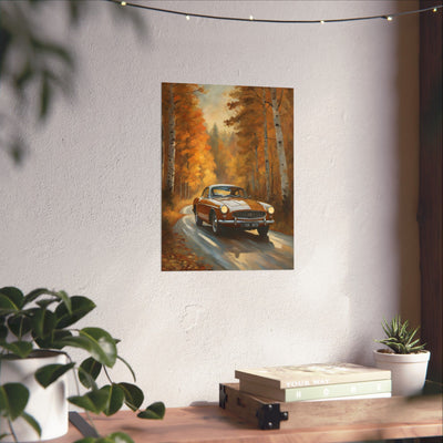 Rustic vintage car poster featuring a classic car driving through autumn trees