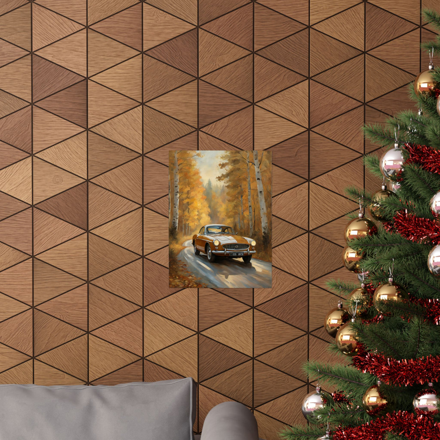 Rustic vintage car poster featuring a classic car in a scenic autumn landscape on a textured wall