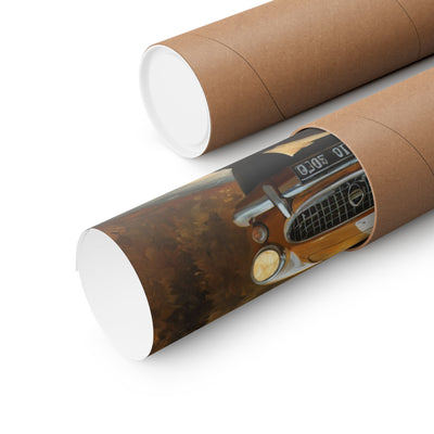 Rustic vintage car poster rolled up in a protective tube for easy storage and display