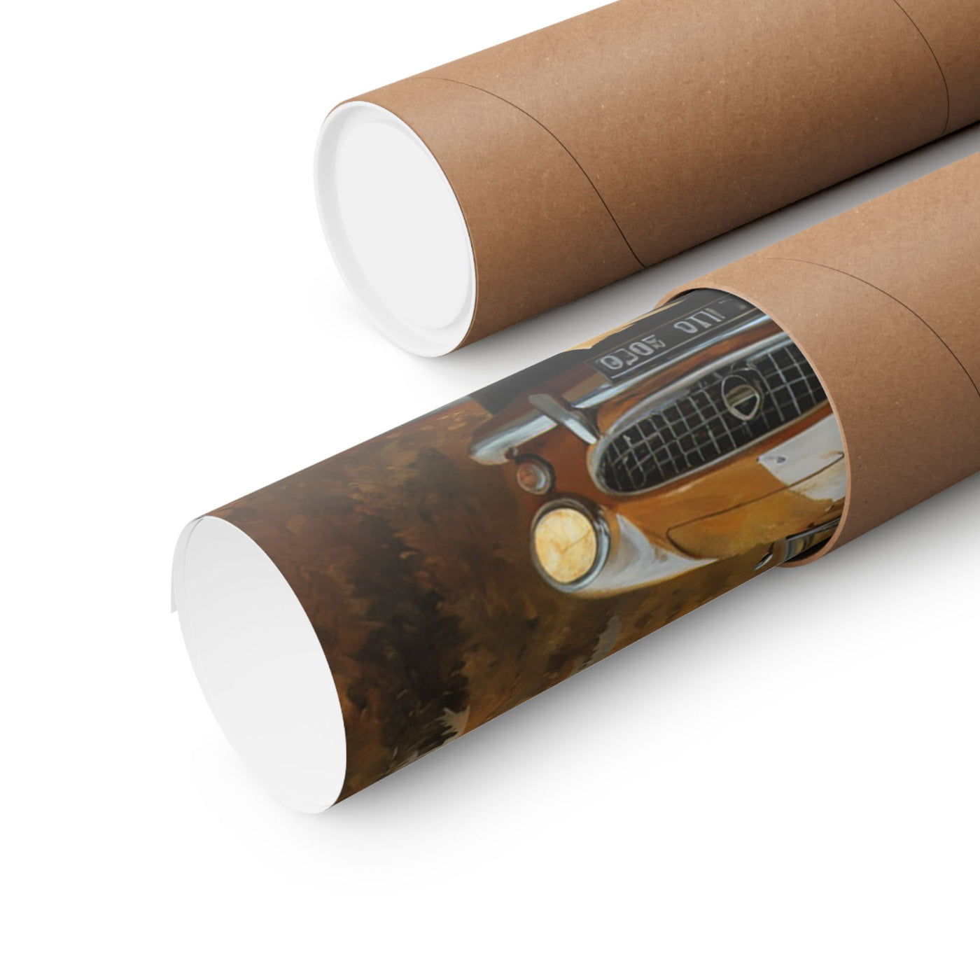 Rustic vintage car poster rolled in a protective tube for easy storage and transport