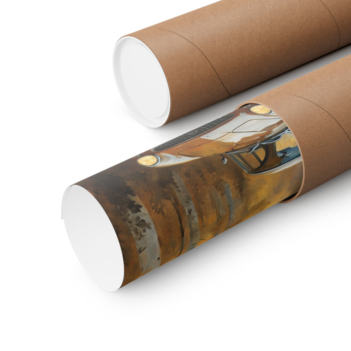 Rustic vintage car poster rolled in a protective tube for easy storage and display