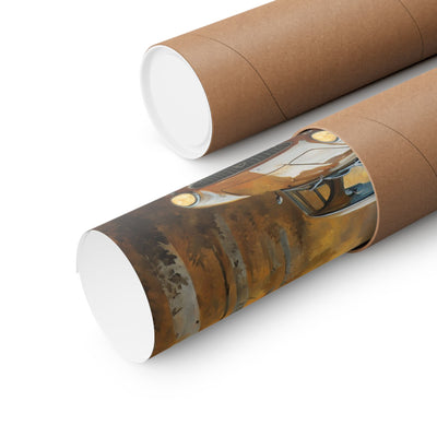 Rustic vintage car poster rolled in a protective tube for easy storage and display