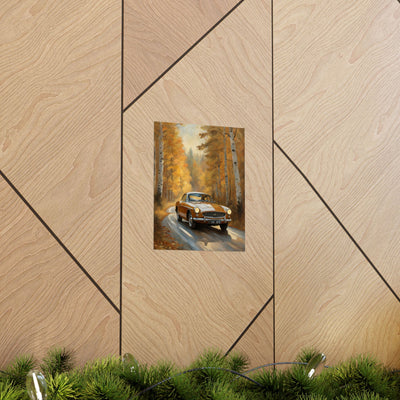 Rustic vintage car poster featuring a classic car driving through a scenic autumn landscape