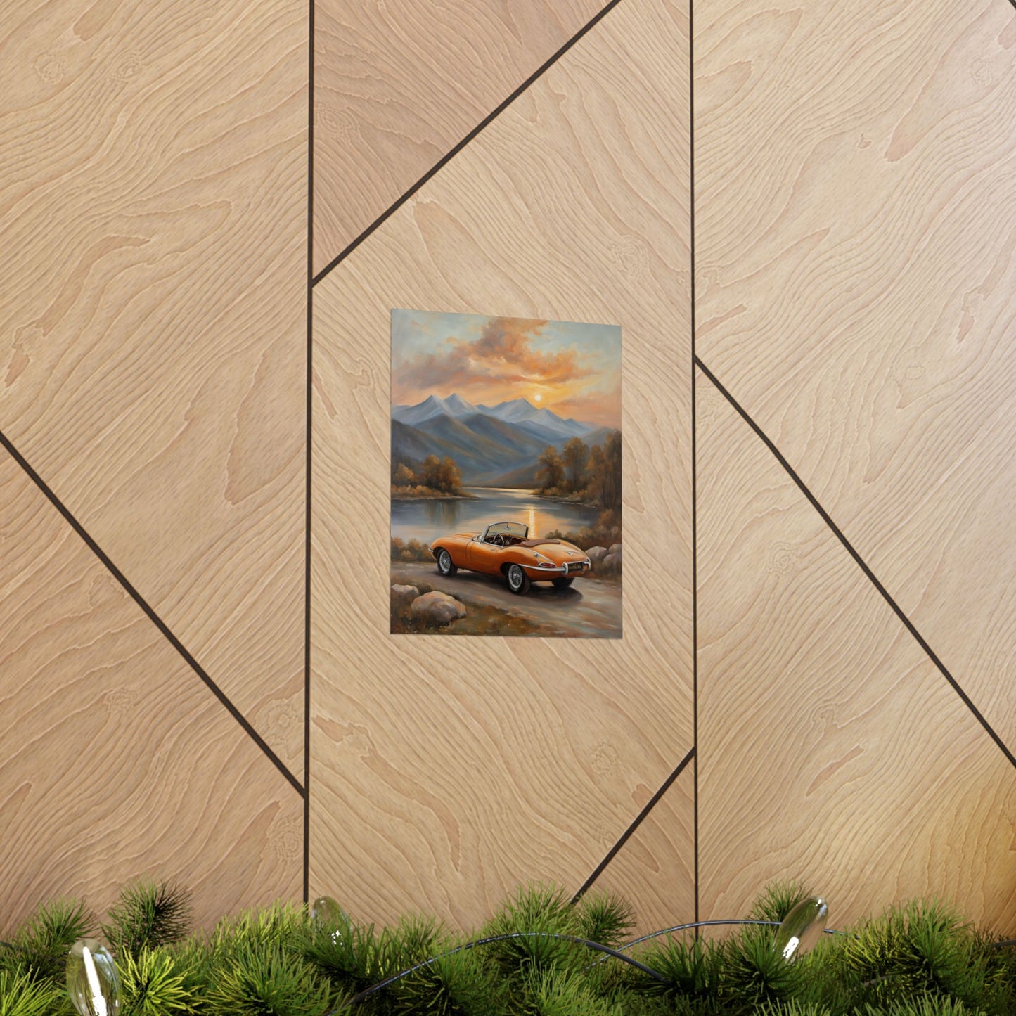 Scenic Car Posters featuring an orange sports car against a mountain sunset background